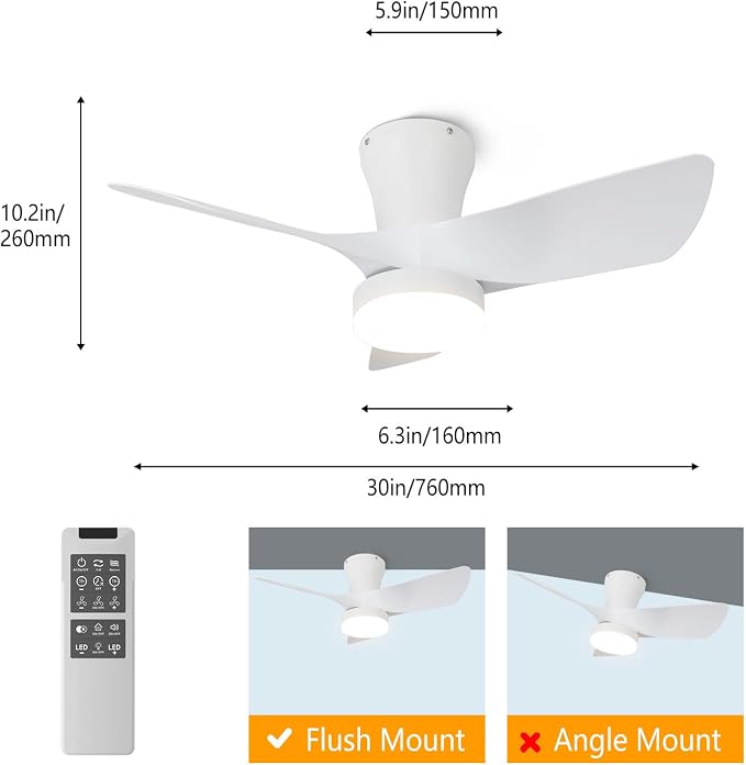 OPONL White Ceiling Fan with Light 30inch, Large Air Volume, Ceiling Fans with Lights for Bedroom Kitchen Dining room Patio