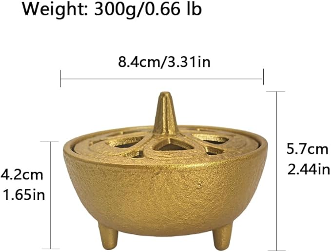 Small Cast Iron Incense Burner Holder, Home Decor, Bowl Design with Lid, Golden Incense for Sticks, Resin, Cone Incense or Wax Melts, Cense with Stand Base for Yoga, Spa, Room, Office