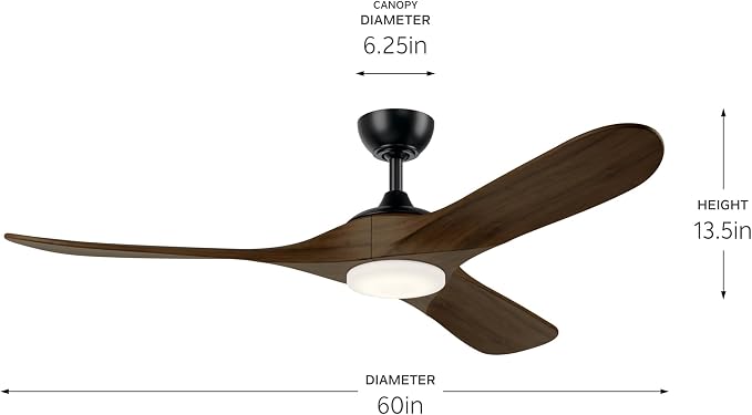 KICHLER Mylo 60 in Modern Ceiling Fan with Light and Remote, 6-Speed Indoor Outdoor Damp Rated Fan with Satin Etched Cased Opal Glass in Satin Black and Aged Walnut Wood Blades, 310560SBK