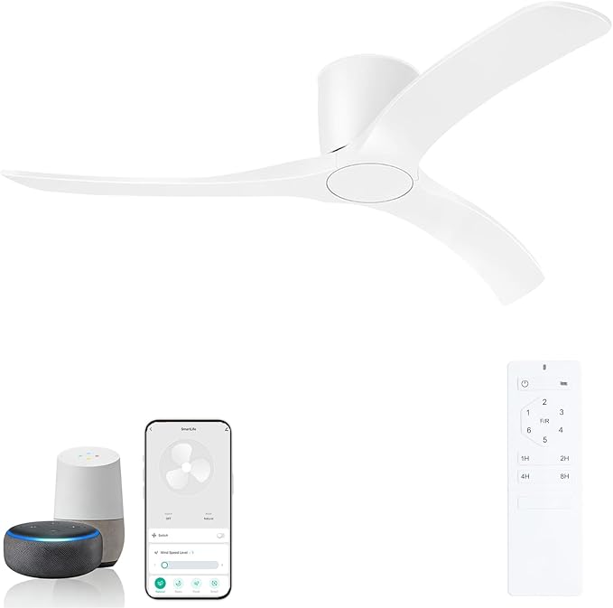 52 Inch Smart Ceiling Fans Without Lights, Low Profile Flush Mount Ceiling Fan with Alexa & Remote Control, 6 Speed Reversible Quiet DC Motor, White Ceiling Fan for Bedroom Living Room Patio