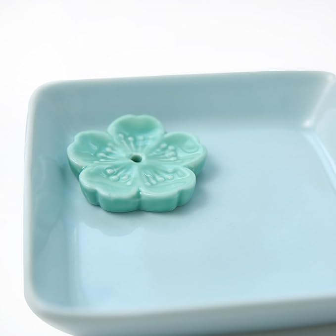 Japanese Ceramic Handmade Cute Cherry Blossom Incense Stick Holder or Incense Burner Holder, Simply Unique Ash Catcher Inscent Tray and Decorative Gift, Home Decor 4.49 inches, Square Blue