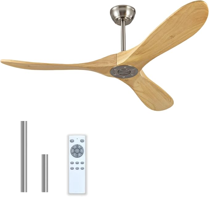 60 Inch Wood Ceiling Fan Without Light, Energy Saving DC Reversible Motor Ceiling Fan, Quiet and Strong Wind, Suitable for Living room, Dining room, Bedroom, Terrace(Brushed Nickel Wood)