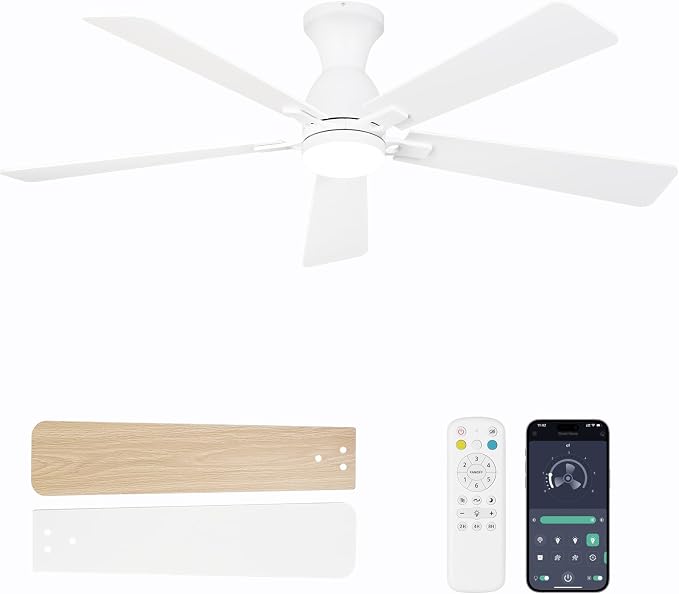 Ceiling Fans with Lights, 60 Inch Low Profile Ceiling Fan with Light and Remote Control, Flush Mount, Reversible, 3CCT, Dimmable LED, Quiet, White Ceiling Fan for Bedroom, Living Room
