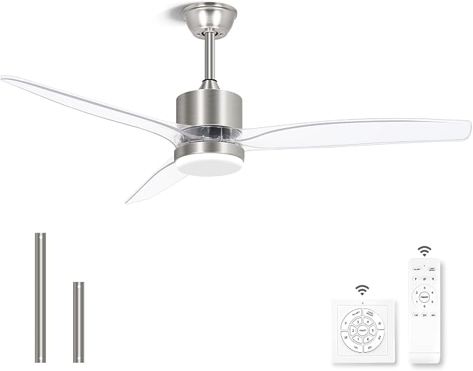 OKELI Clear Ceiling Fan with Light, 52 Inch Brushed Nickel Transparent Ceiling Fans with Light and Remote 3 Reversible Blade LED Ceiling Fan and Light Combo for Living Room, Bedroom, Patio