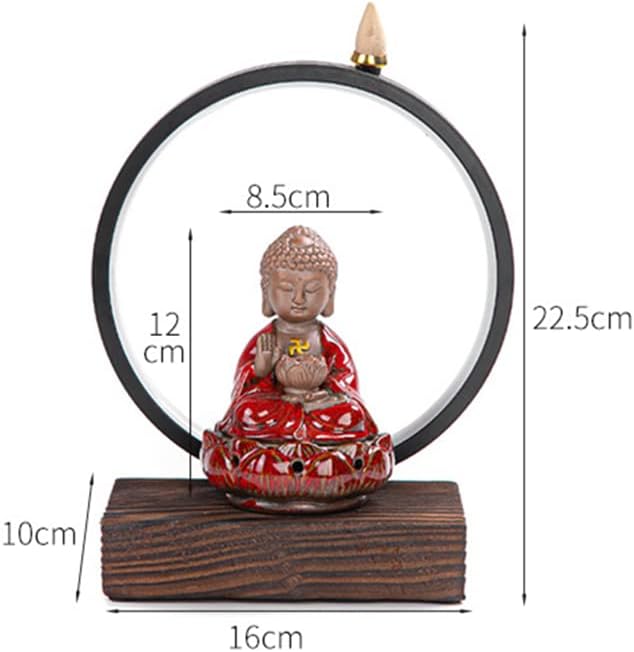 Ceramic Buddha Incense Burner Waterfall Chinese Backflow Incense Burner Holder with LED Light Incense Cones for Home Office Decor (Red)