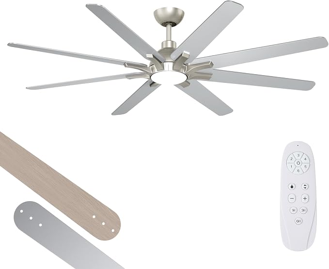 72 Inch Ceiling Fan with Light Remote Control, Brushed Nickel | 6-Speed Quiet Reversible DC Motor, 3CCT Dimmable LED Light,8 Wood Blades,Used for Living Room, Office,Covered Patio