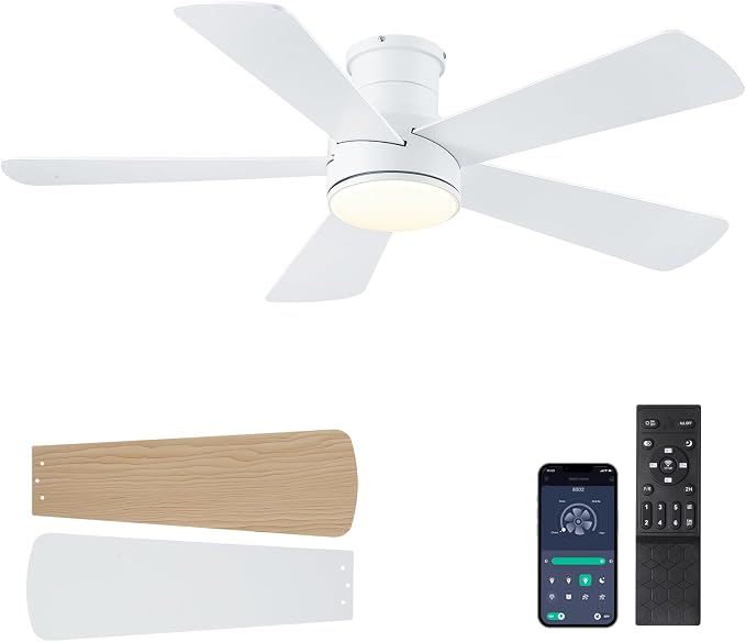 Hounberi 46 Inch Flush Mount Ceiling Fan with Lights and Remote, Modern Quiet DC Motor Low Profile Ceiling Fan for Low Ceilings, 5 Reversible Blades, 6 Speeds Dimmable, Indoor Outdoor Bedroom, White