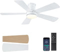 Hounberi 46 Inch Flush Mount Ceiling Fan with Lights and Remote, Modern Quiet DC Motor Low Profile Ceiling Fan for Low Ceilings, 5 Reversible Blades, 6 Speeds Dimmable, Indoor Outdoor Bedroom, White