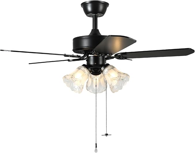 42 Inch Indoor Ceiling Fan with Pull-Chain and Three LED Light Bulbs Base, Traditional 3-Speeds Reversible Blades Ceiling Fan (Black)