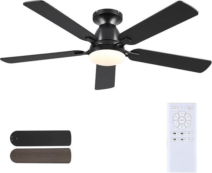 Mpayel 52 Inch Ceiling Fans with Lights and Remote, Black Ceiling Fan with Light Flush Mount, Low Noise, Reversible, Dimmable, Modern Low Profile Ceiling Fan with Light for Bedroom Indoor Outdoor