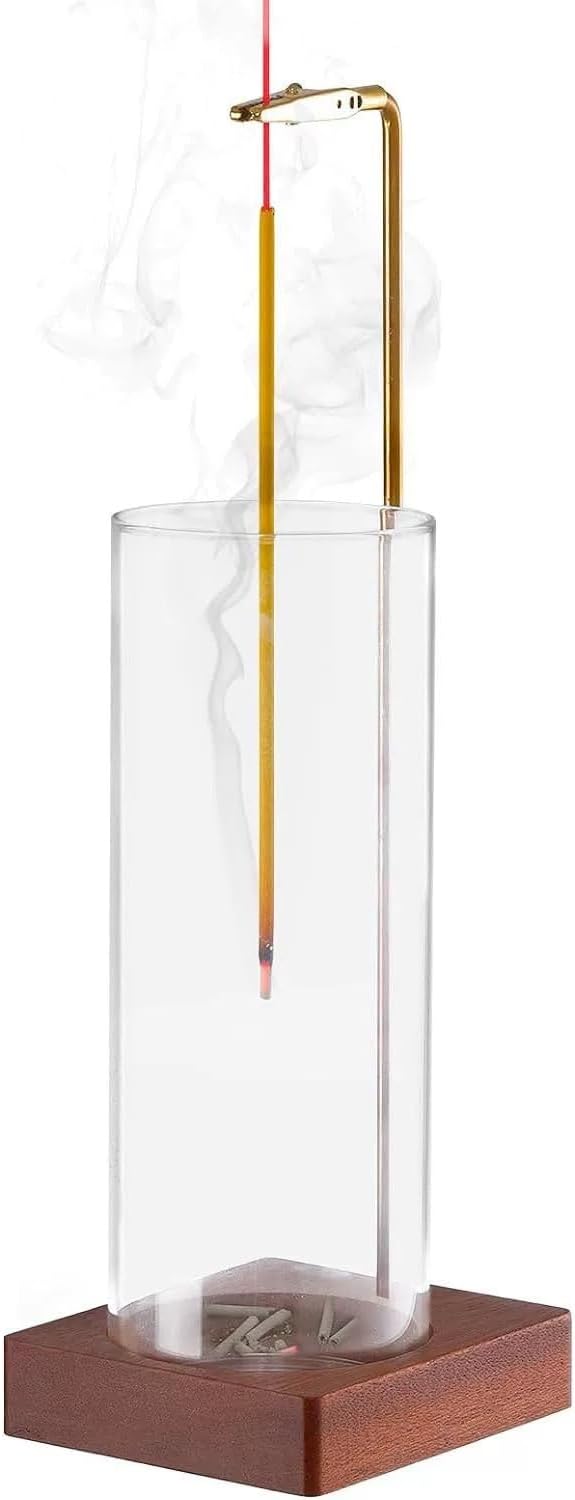 Seedlink Wooden Aromatherapy Incense Holder – Upside Down Hanging Rack with 1L Ash Catcher for Home Office or Yoga Space Décor & Meditation (Glass Height 17cm)