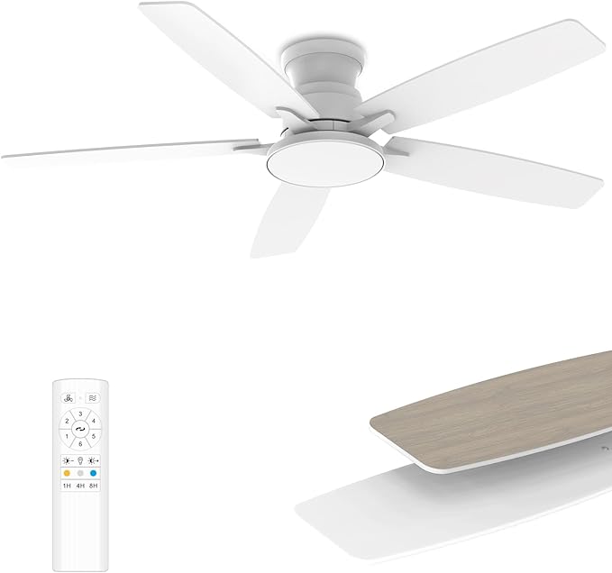 Flush Mount Ceiling Fan with Light, 52 Inch, Remote Control, 3CCT Dimmable LED, 6-Speed Silent Reversible DC Motor, Low Profile Hugger Ceiling Fan for Indoor/Outdoor 90-264V 50/60Hz Fresh White