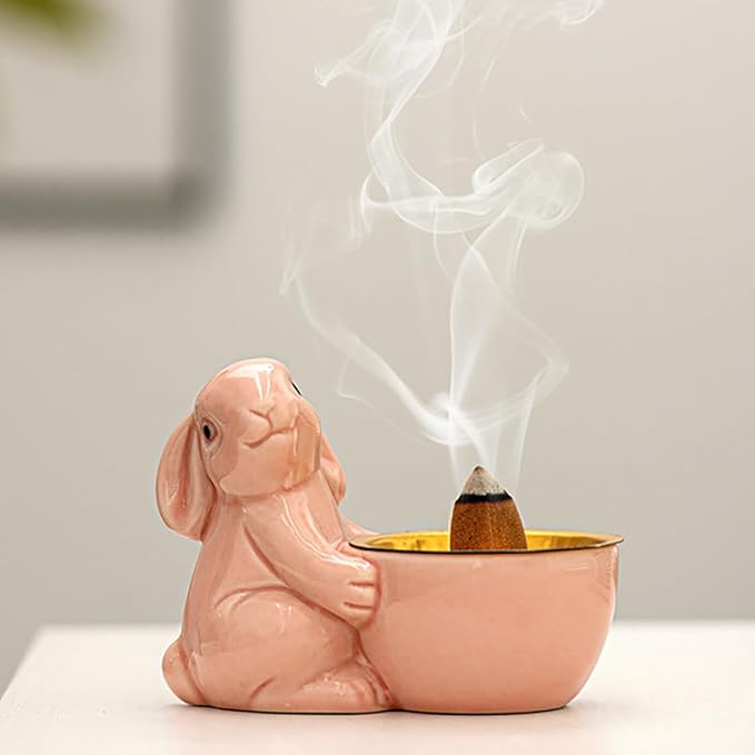 Ceramic Rabbit Incense Burner Rabbit Figurines Statue Ornament Easter Incense Sticks Holder Waterfall Arab Incense Holder for Home Decor (Pink)