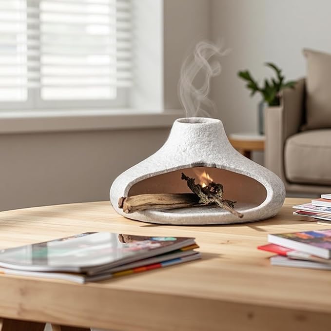 Holder Incense Burner-Mini Ceramic Fireplace,Handmade Smudge,with Chimney,for Sage,Palo Santo,Aromatic Ash Tray for Home Decor, Anxiety Relief & Valentine's Day Meditation Gifts for Women (Off-White)
