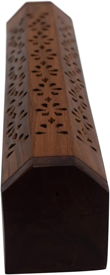 Coffin Style Wood Incense Burner Holder with Sun and Moon Inlays for Incense Sticks and Cones