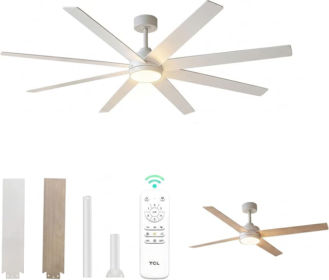 TCL 72 Inch Large Ceiling Fans with Lights and Remote, Quiet Modern Ceiling Fan, 3 CCT Dimmable Remember LED Reversible 8 Dual Side Blades for Living Room Patio Garage (white, 72)