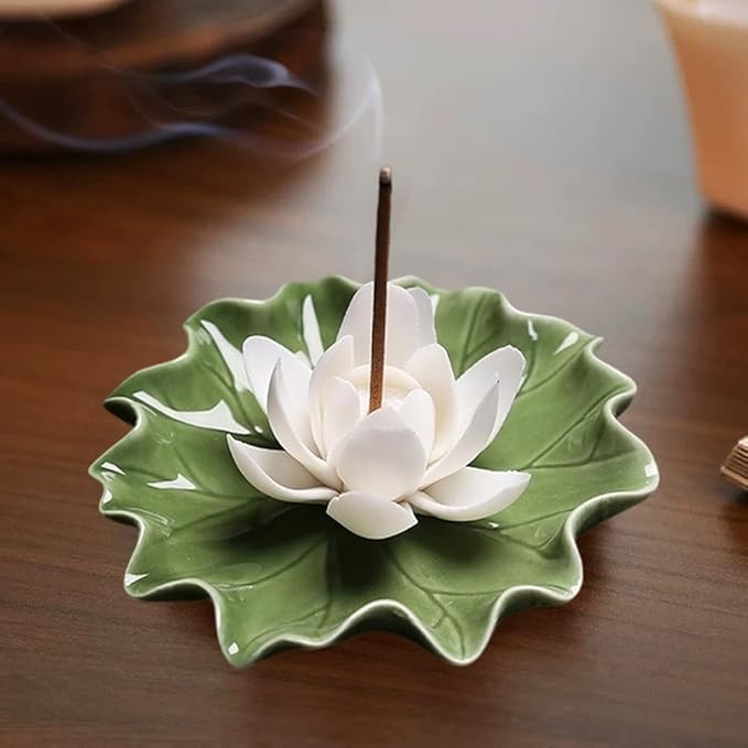 CREATCABIN Lotus Incense Burner Holder Stick Ceramic Detachable Ash Catcher Lotus Leaf Incense Burners Tray for Sticks Home Yoga Teahouse Zen Buddhist Altar Purify Spiritual Supplies White 3.54 Inch