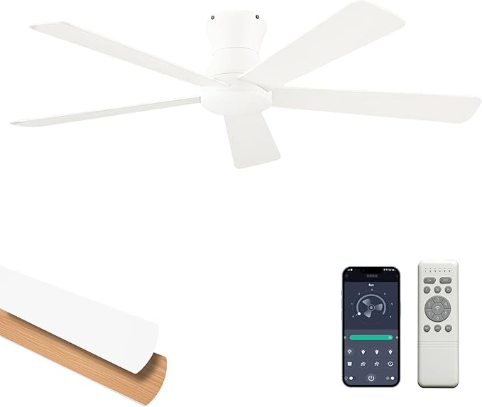 Carrefour 48 Inch White Ceiling Fan No Light, Flush Mount Low Profile Ceiling Fans, Reversible DC Motor 6-Speed Outdoor Ceiling Fan Without Light for Farmhouse Bedroom Covered Patio