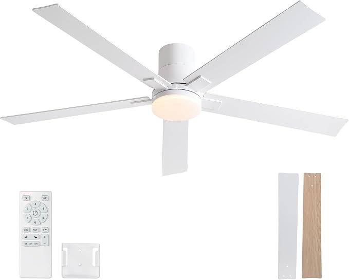 Rayqueen 60 Inch Flush Mount White Ceiling Fans with Lights and Remote | 6 Speed Reversible DC motor,3-color temperature dimmable LED.For indoor/covered outdoor.Modern style for bedroom room