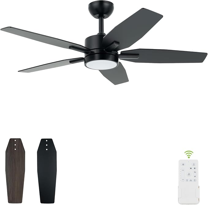 42" Ceiling Fan for Living Room - 5 Blades Modern Ceiling Fan with Light for Bedroom - Quiet DC Motor - 3CCT - 6 Speeds - Dimmable - Reversible Function - Black