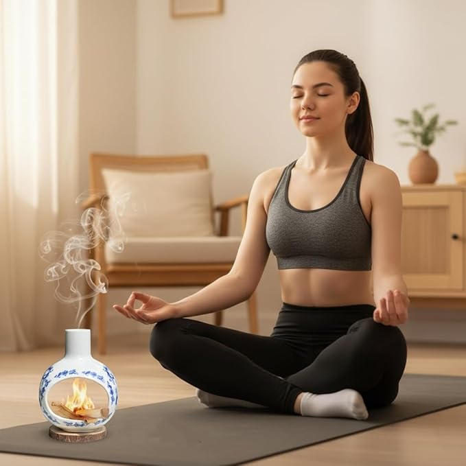 Blue and White Porcelain Palo Santo Holder & Ceramic Incense Burner, Handcrafted Mini Chimney with Tree of Life 7 Chakra Stones Pendant, Ash Catcher for Sage & Cones, Yoga Meditation Gift Set