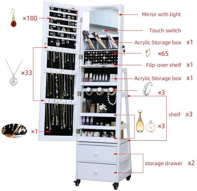 Jewelry Cabinet Standing Mirror with Drawers Wheels Full Length Mirror Jewelry Storage with Touch Screen Vanity Mirror Rotatable Jewelry Armoire Organizer with Lock White Christmas Gift for Women