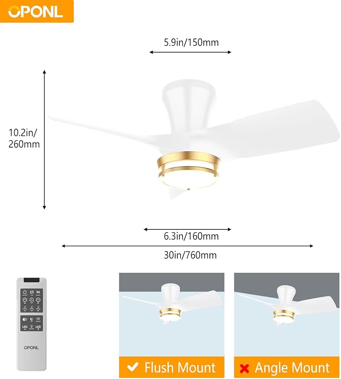 OPONL Ceiling Fan with Light, 30 inch Low Profile Ceiling fan with Light and Remote Control, Reversible, 6CCT, Dimmable, Noiseless, White Ceiling Fan for Bedroom, Indoor/Outdoor Use, Modern