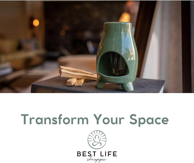 Mini-Chiminea Palo Santo Holder, Handcrafted Ceramic Incense Holder Burner and Ash Catcher for Palo Santo Sticks or Incense, Unique Home Decor (Green)