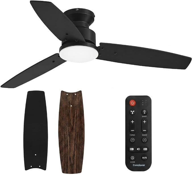 Conciseer Modern 42 Inch Ceiling Fans with Lights and Remote for Bedroom Office, Flush Mount, 18W 6CCT Dimmable, Dual Color 3 Blades 6 Speed FReversible Quiet DC Motor Black/Wood Grain