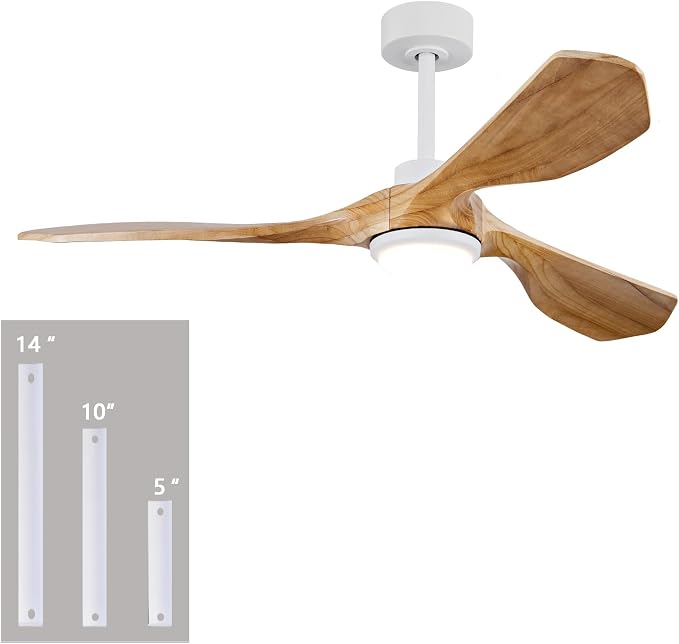52" Solid Wood Ceiling Fan With Light,Silent Reversible Dc Motor And Remote | tung wood blades, copper dc motor,6-speed reversible remote, 1500lm led light, under 30db quiet,2 downrods for indoor outdoor