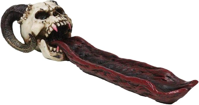 Ebros Vampire Fanged Ram Horned Skull with Demonic Tongue Incense Stick Burner Holder 10.5" Long Skulls Skeletons Halloween Aromatherapy Decorative Accent Figurine Accessory