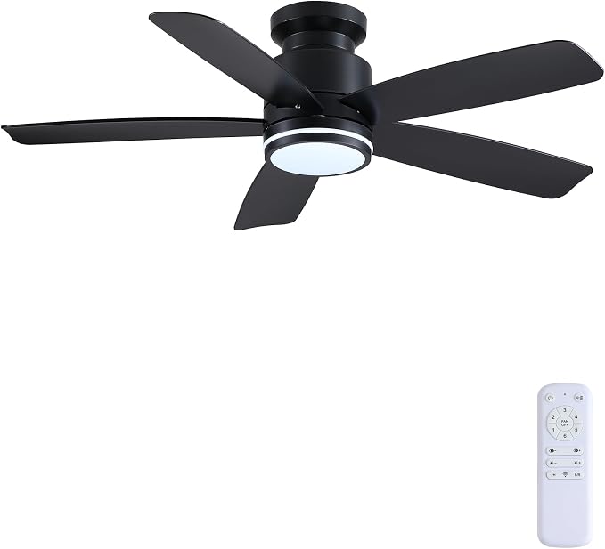 Wiviniya 46 Inch Black Flush Mount Ceiling Fan with Light, 5 Blades Reversible Fan, 6-Speed & 2-Hour Timer, Remote Control, 3 CCT Dimmable for Living Room Bedroom