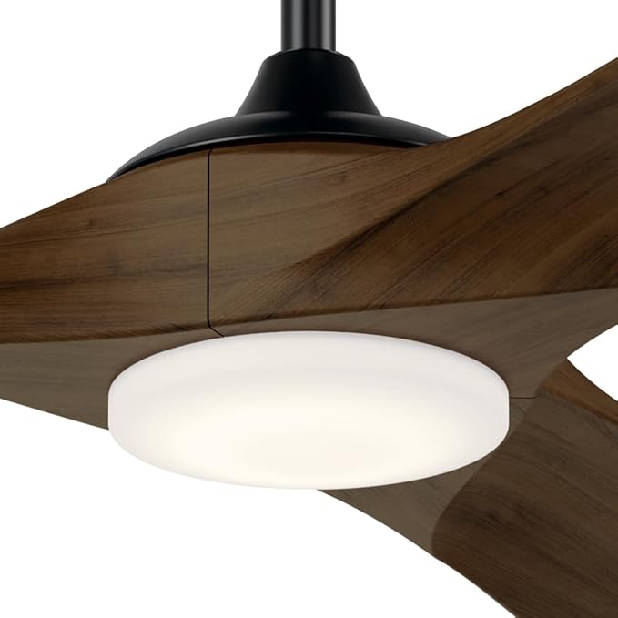 KICHLER Mylo 60 in Modern Ceiling Fan with Light and Remote, 6-Speed Indoor Outdoor Damp Rated Fan with Satin Etched Cased Opal Glass in Satin Black and Aged Walnut Wood Blades, 310560SBK