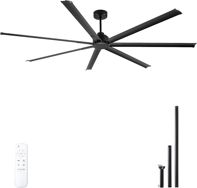 Minislak 96 Inch HVLS Aluminum 7 Blades Industrial & Commercial Ceiling Fan no Light,8ft High CFM DC Motor,6-Speed,Indoor Outdoor Black Ceiling Fan for Patio,Garage,Shop,Library