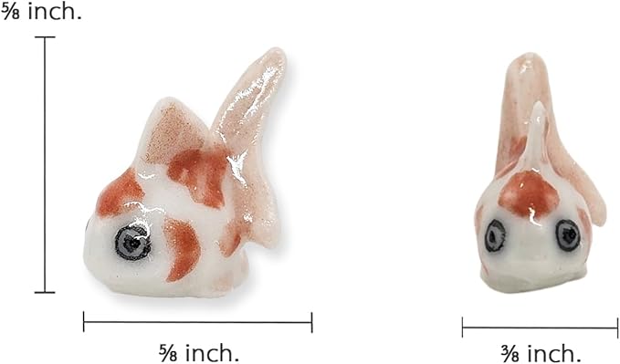 WitnyStore Tiny ⅝ Inch White Orange Oranda Goldfish Figurine - Miniature Hand Made Painted Ceramic Ryukin Fantail Gold Fish Aquarium Animals Cute Porcelain Decorative Collectible Figures Décor Gifts