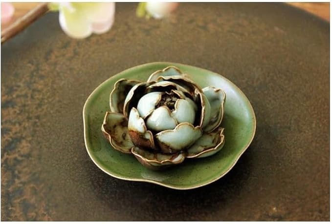 Collectible Handmade Chinese Ceramics, Medium Peony Ceramic Incense Stick Holder, Handicraft Flower Lotus Incense Burner Bowl Ash Catcher Inscent Tray for Home Decor and Gift, 2.55 Inch, Green