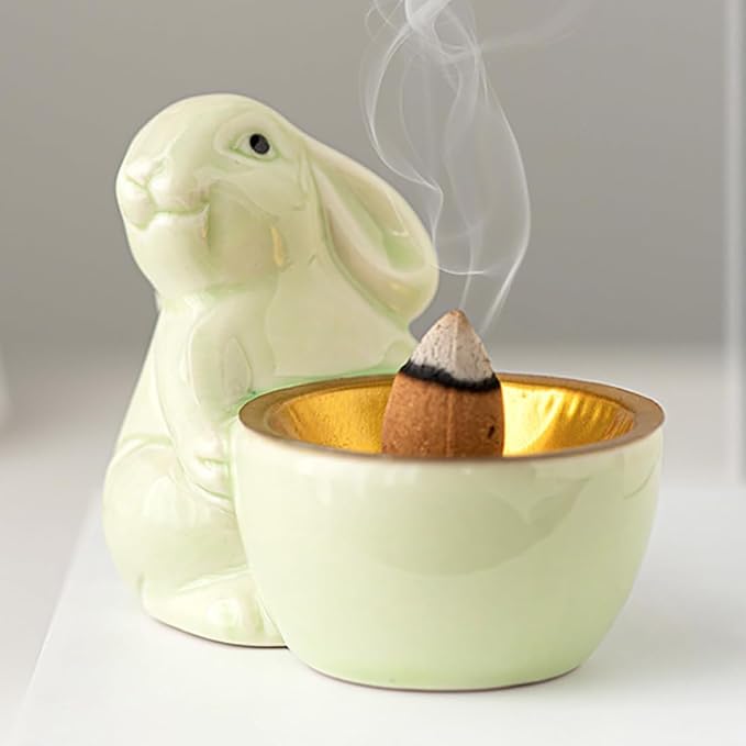 Ceramic Rabbit Incense Burner Rabbit Figurines Statue Ornament Easter Incense Sticks Holder Waterfall Arab Incense Holder for Home Decor (Green)