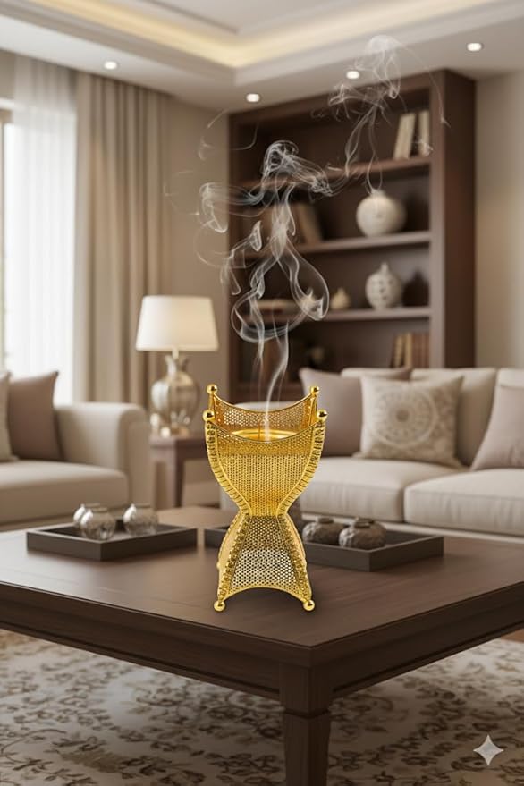 Decorative Gold Metal Incense Burner – Tall Mesh Design Mabkhara Bakhoor Holder for Home, Ramadan & Eid Décor, Islamic Gift, Ornamental Incense Stand, 4.2 x 4.2 x 8.5 in