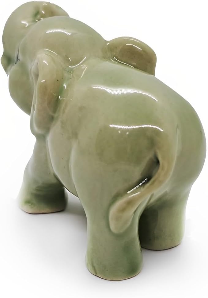 2½" Green Curl Trunk Baby Elephant Elegant Ceramic Incense Stick Holder Artistic Collectible Figurine for Adult Collectors Sophisticated Accent Gift Handcrafted Porcelain Home Decor