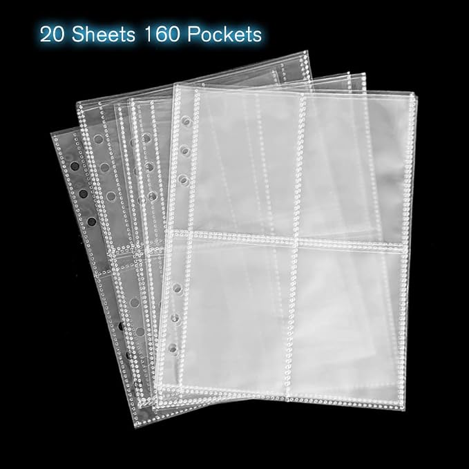 Clear Double-Sided Refill Inner Pages for Transparent Jewelry Storage Book 6 Ring Binder, 20 Sheets 160 Pockets