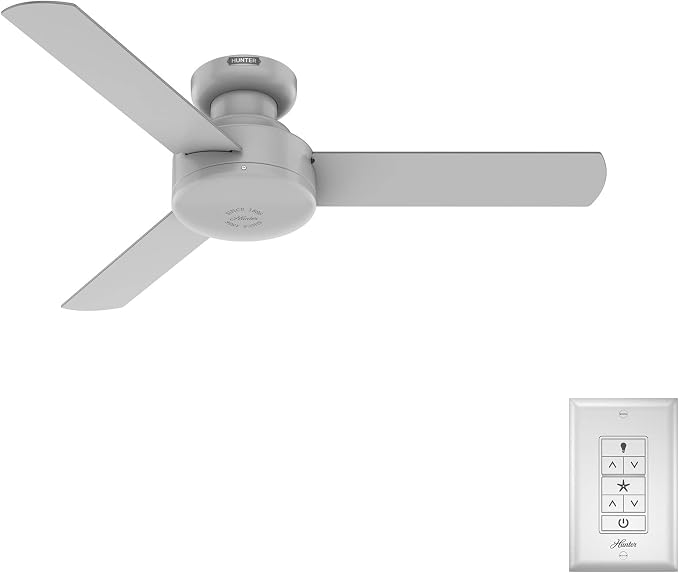 Hunter Presto, Indoor, Ceiling Fan, No Light, Modern, 44 inch, Dove Grey | Low Profile Mount, Wall Control, 3 Blades, For Bedroom, Living Room, Kitchen, 52404