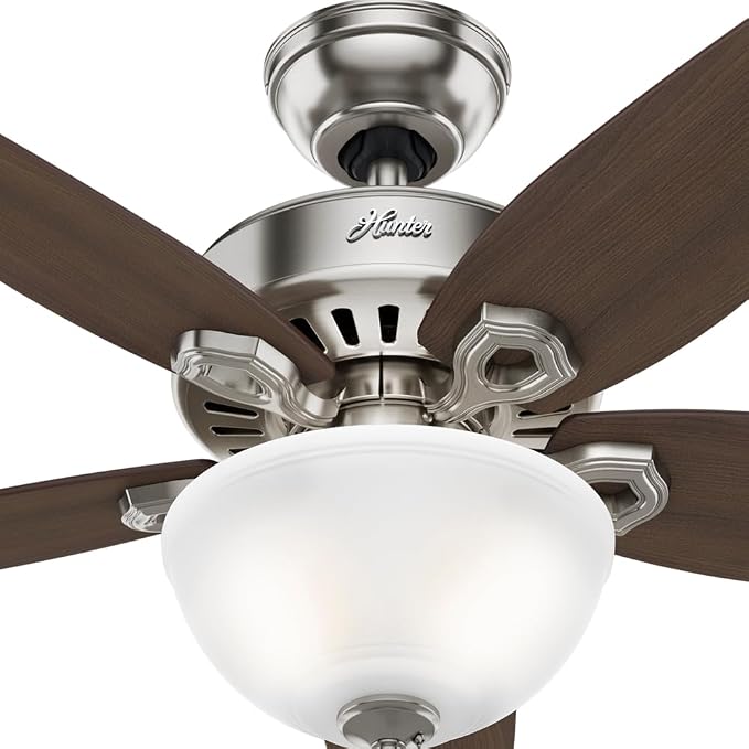 Hunter 42 inch Indoor Ceiling Fan with LED Light - Ceiling Fan with Pull Chain, For Bedroom or Living Room, Standard Mount, No Remote, 5 Blades, Includes Bulbs - Builder 52219, Brushed Nickel