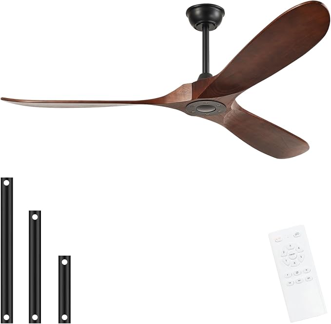 60'' Outdoor Ceiling Fans without Light,3 Solid Wood Blades with DC Silent and Large Airflow,Modern Ceiling Fan for Bedroom,Living Room,Porch (dark walnut)