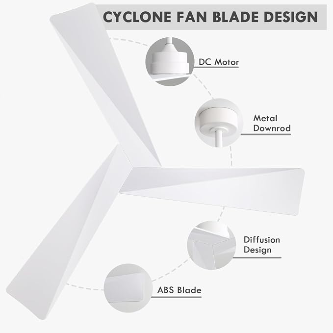 WINGBO 52" DC Ceiling Fan without Lights, White Ceiling Fan with Remote, 3 ABS Plastic Blades, 6 Speed Reversible DC Motor, Ceiling Fans No Light for Kitchen Bedroom Living Room