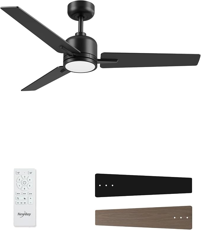 Newday 52 inch Ceiling Fans with Lights and Remote, Black 3 Blade Outdoor Fans for Patios -Dimmable Indoor DC Motor, 6 Speed, Quiet Noiseless, 3 CCT, Reversible, High CFM