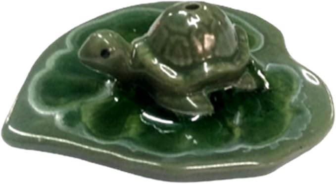 Dolphin Shop, Ceramic Incense Holder Stick Burner Small Turtle with Leaf Tray Dish 1 Pc Handmade Cute Animal for Decorative Statue Home Indoor Buddist Massage Spa Yoga Office (Turtle Green)