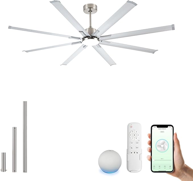 Minislak 72 Inch Ceiling Fan with Light,Industrial Ceiling Fan with 8 Black Aluminium Blades,Smart Fan Compatible with Alexa,Garage Outdoor Indoor Fan for Patio and Living Room
