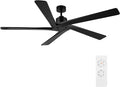WINGBO 54 Inch DC Ceiling Fan without Lights, 5 Reversible Carved Solid Wood Blades, 6-Speed Noiseless DC Motor, Ceiling Fan No Light with Remote, Indoor Ceiling Fans in Matte Black Finish, ETL Listed