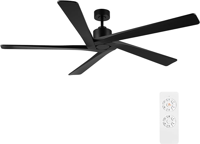 WINGBO 54 Inch DC Ceiling Fan without Lights, 5 Reversible Carved Solid Wood Blades, 6-Speed Noiseless DC Motor, Ceiling Fan No Light with Remote, Indoor Ceiling Fans in Matte Black Finish, ETL Listed