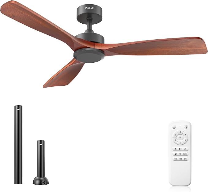 52 Inch Ceiling Fans with Remote no Light, Solid Wood 3 Blade Modern Ceiling Fan, Quiet DC Motor, 6 Speeds, Dimmable LED, Timer, Indoor & Covered Outdoor Living Room, Bedroom, Patio (Dark Wood)